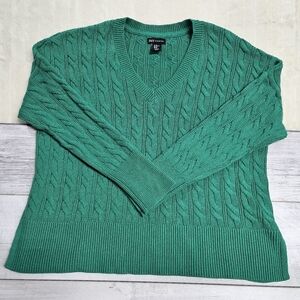 Jones New York Cable Knit V-Neck Sweater XL Kelly Green Cotton Blend Fisherman